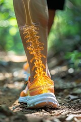 Female runner injures calf muscle  foot bone on dirt path, sprained ligament pain outdoors