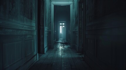 Obraz premium A dimly lit old mansion hallway, with a ghostly silhouette at the end, evoking haunted tales