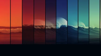 Deurstickers poster with montages of surf images with colored gradient perpendicular lines © ZoomTeam