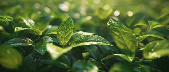 Sunlit green tea leaves, close-up and dewy - obrazy, fototapety, plakaty