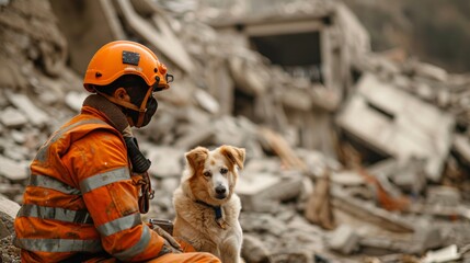 Firefighter searching in building ruin for survivors with the help of rescue dog