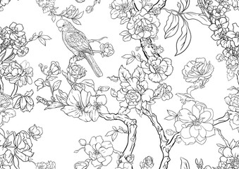 Blossom trees with sparrow and parrots Seamless pattern, background. Outline Vector illustration. In Chinoiserie, botanical style - 789183246