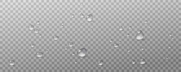 Realistic vector water drops png on a transparent light background. Water condensation on the surface with light reflection and realistic shadow. 3d vector illustration - obrazy, fototapety, plakaty