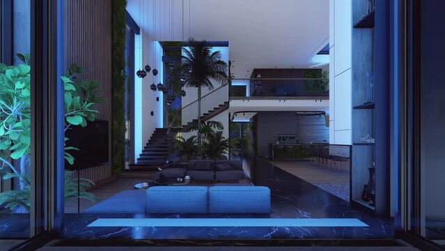 4K rendering of expensive cozy interior with green walls with living dining zone stair and kitchen for sale or rent. Spacious apartments with expensive furniture, light on after sunset