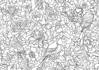 Blossom trees with sparrow and parrots Seamless pattern, background. Outline Vector illustration. In Chinoiserie, botanical style - 789183409