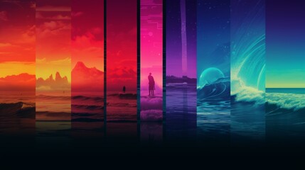 poster with montages of surf images with colored gradient perpendicular lines