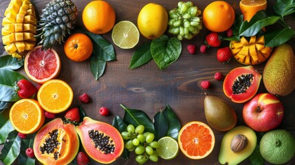Variety of Fruits Arranged on Wooden Surface