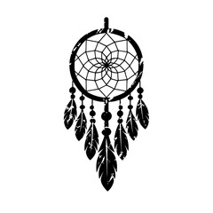 Fototapeta premium Dream catcher decorated with feathers and beads. Hand drawn vector illustration. Silhouette. 
