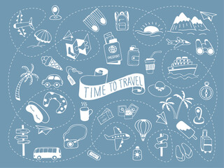 Time to travel. Icon set of elements for summer vacation travel, hand drawn vector doodles in line style. Line contour  in sketch style.
