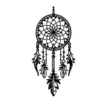 Dream catcher decorated with feathers and beads. Hand drawn vector illustration. Silhouette.
