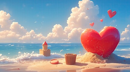 A cartoon heart building a sandcastle on the beach, only for waves to wash it away , 3d style - obrazy, fototapety, plakaty