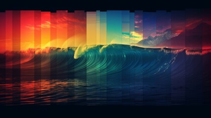poster with montages of surf images with colored gradient perpendicular lines - obrazy, fototapety, plakaty