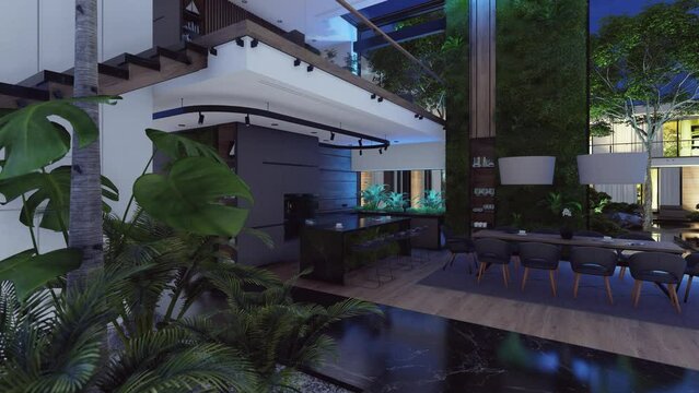4K rendering of expensive cozy interior with green walls with living dining zone stair and kitchen for sale or rent. Spacious apartments with expensive furniture, light on after sunset
