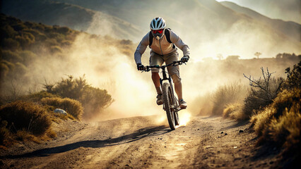 Downhill mountain bike riding on dusty, dirty trail