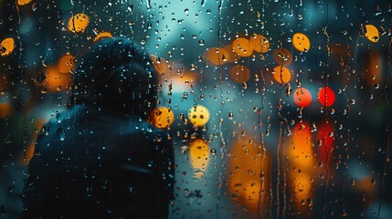 Closeup of a solitary figure sitting by a window, with raindrops blurring the view, symbolizing isolation and depression. - obrazy, fototapety, plakaty