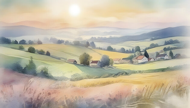 Vintage pastel countryside landscape.