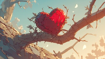 A cartoon heart with wilted leaves, growing on a barren tree branch with a single new bud , 3d style - obrazy, fototapety, plakaty