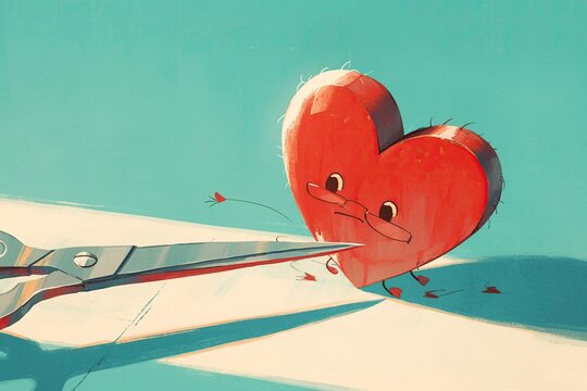 A cartoon heart with tiny legs, running away from a menacing pair of scissors , close-up