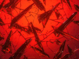 A closeup of shattered red glass fragments shaped like a heart, reflecting sharp pain and loss , 3d style - obrazy, fototapety, plakaty