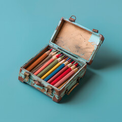 old suitcase with colored pencils - 789185097