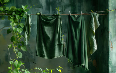 green clothes in a clothes line - 789185203
