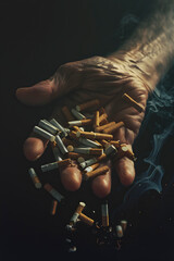 cigarette butts on the hand of a senior man - 789185215