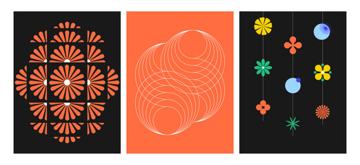 A set of modern posters in geometric style. Floral prints. Bauhaus geometric pattern background, vector abstract shapes. Isolated on a white background.