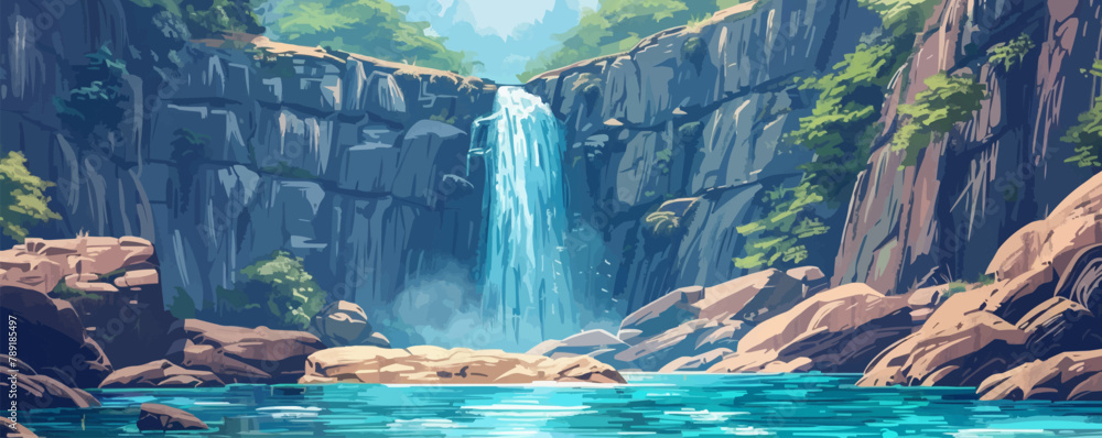 Poster a computer generated image of a waterfall with a river flowing underneath it