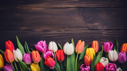 Obraz na płótnie Canvas Blooming flowes spring background banner - Colorful tulips, on dark wooden table, top view