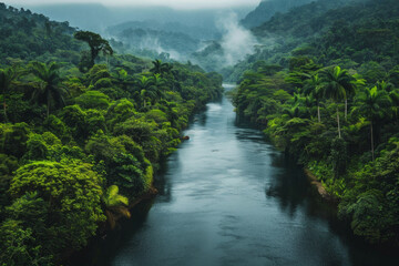Naklejka na ściany i meble Aerial view of a river in a tropical jungle