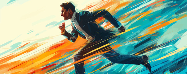 A man in a suit is running through a colorful background