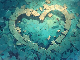 A shattered puzzle with a few missing pieces forming the outline of a broken heart , close-up