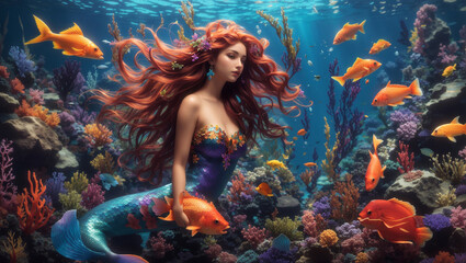 A mermaid swimming in a coral reef with many colorful fish.

