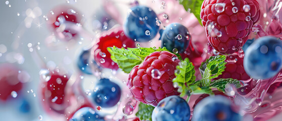Fresh berries and mint in water droplets close-up