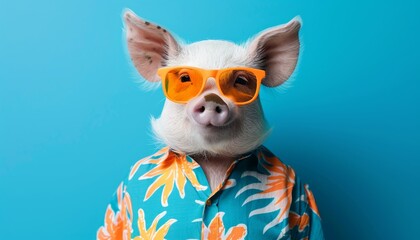 Trendsetting pig adorned in a vibrant hawaiian shirt and fashionable orange sunglasses - obrazy, fototapety, plakaty