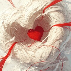 A tangled ball of yarn with a single red thread forming a broken heart, unraveling in the center , close-up - obrazy, fototapety, plakaty