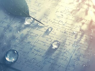 Teardrops falling onto a page of a diary, blurring handwritten words about heartbreak and loss , close-up