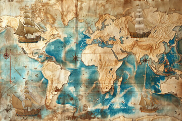  A cartographic background featuring a vintage map, illustrating the voyages and expeditions of ancient times, with a focus on historic landmarks and the art of navigation 