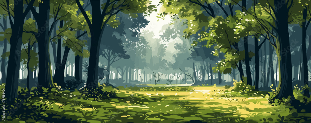 Poster forest edge with soft light filtering through the leaves. digital art style vector flat minimalistic