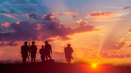Anzac Day silhouette of soldiers sunset Australian World War One Digger standing guard. Remembrance Day