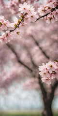 Cherry blossom in full bloom against stark minimalist landscape. Soft spring breeze brings petals to life