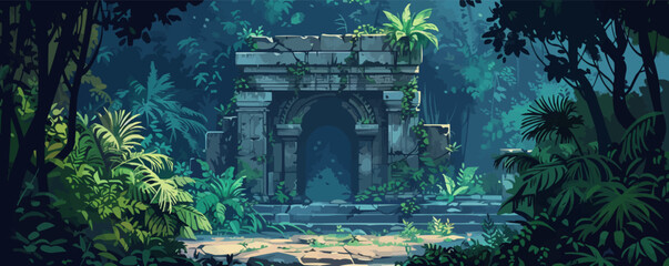 A mystical ancient ruin surrounded by dense jungle foliage, hinting at lost civilizations and hidden treasures. Vector flat