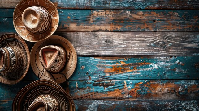 A striking image featuring Mexican hats displayed on a rustic wooden backdrop is rendered in high contrast