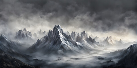 Fog obscuring the peaks of majestic mountains, landscape engulfed in a soft grey mist
