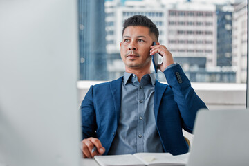 Phone call, business man and thinking in office, planning future or brainstorming mockup. Smartphone, idea and serious professional listening for connection, conversation or advisor talk to contact