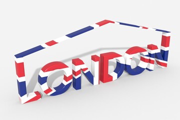 Testo 3D LONDON con simbolo casa e colori della bandiera inglese