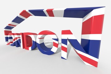 Testo 3D LONDON con simbolo casa e colori della bandiera inglese