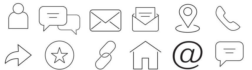 Contact, address line icon set. Mail, telephone adress, message symbol for website button. Editable stroke thin line design icon set. Vector 