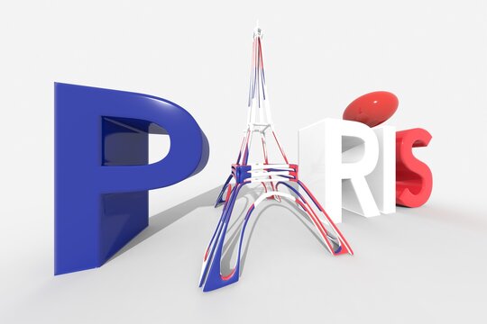 Testo 3D PARIS con simbolo torre Eiffel e colori bandiera della Francia