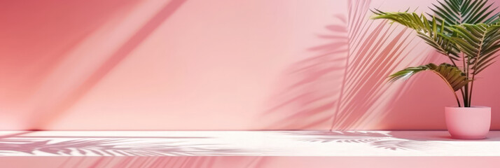 A minimalist pink background with palm leaf shadow, with a white floor and soft lighting for product display presentation. 